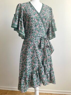 Max Studio Floral Ruffle Wrap Dress, Green Large